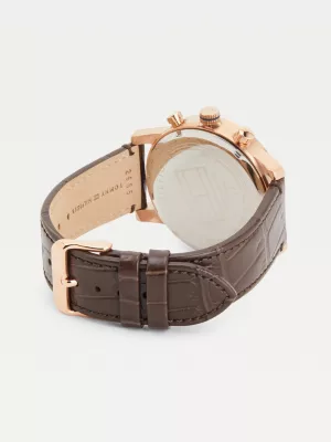 Relógio com pulseira de crocodilo banhada a ouro rosa