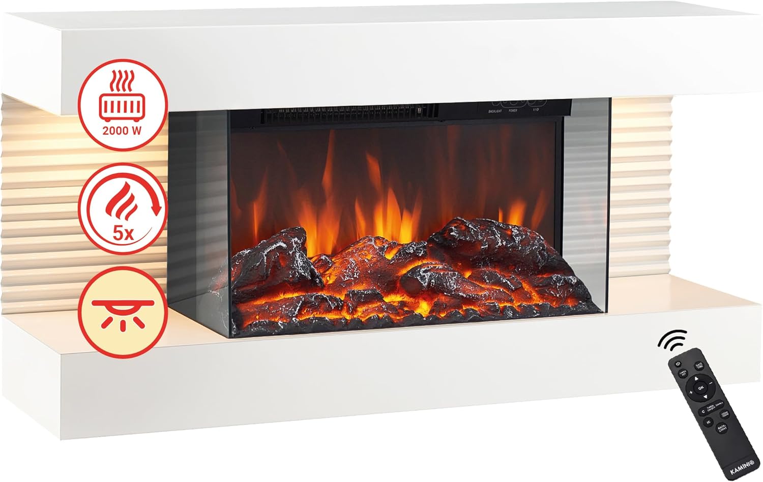Elektrokamin Liz - Elektrischer Wandkamin mit Heizung, 3D-Flammeneffekt, LED-Ambientelicht, Fernbedienung (Weiß)