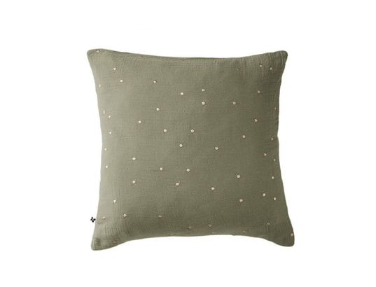 TERRE DE NUIT - Taie d'oreiller à pois brodés double gaze de coton kaki 60 x...