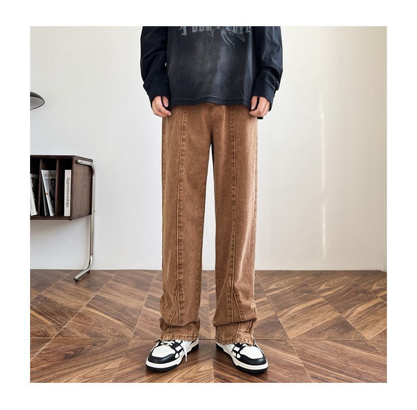 Tiaota - Mid Rise Washed Zip Slit Straight Leg Jeans