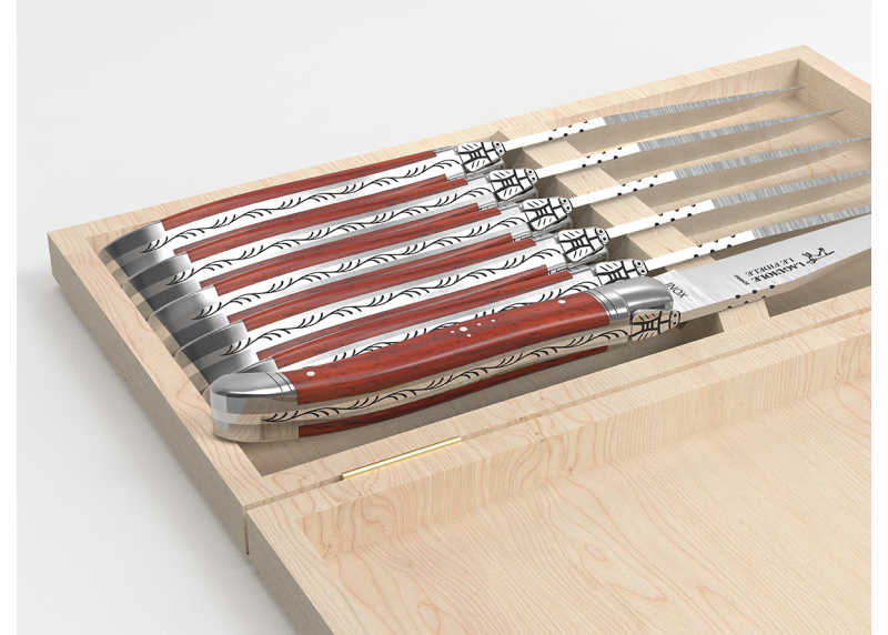 Service de 6 couteaux Laguiole avec un manche en bois de corail et mitres en acier inoxydable