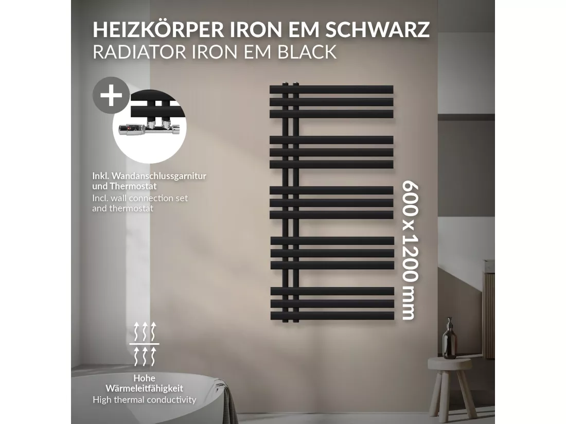 Iron EM Radiateur sèche-serviettes salle de bain en acier noir mat 600x1200 mm