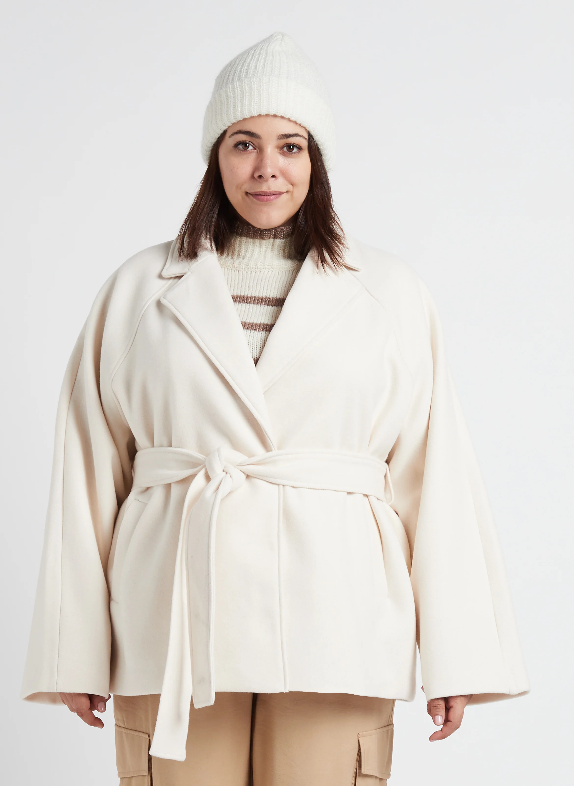 Manteau col tailleur ceinturé| Blanc