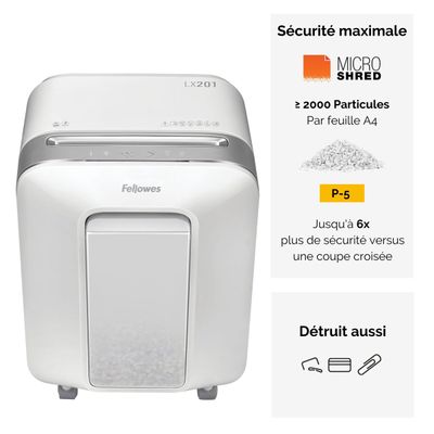 Fellowes Powershred LX201 - destructeur de documents coupe croisée microparticules - 12 feuilles - Corbeille 22 litres - blanc
