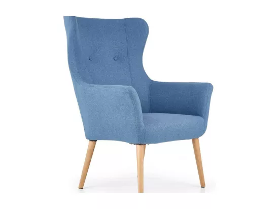 Fauteuil rembourré en tissu bleu avec dossier haut et pieds en bois de caoutchouc WISH