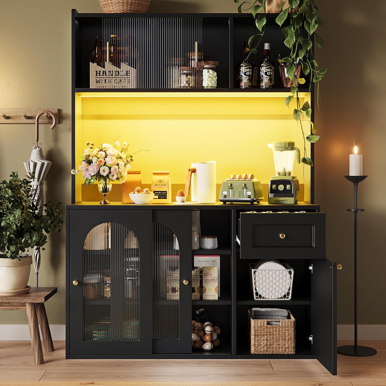 Küchenschrank, Hochschrank, Vitrinenschrank, Buffetschrank mit Verstellbaren Ablagen, Esszimmerschrank, Sideboard mit LED-Beleuchtung, Schwarz