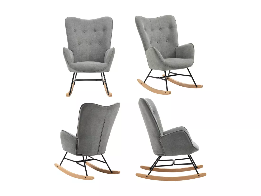 Fauteuil à Bascule Allaitement Scandinave Chaise Loisir et Repos en Tissu avec Pieds en E' Bois Métal pour Salon, Chambre, Massif, Gris Clair