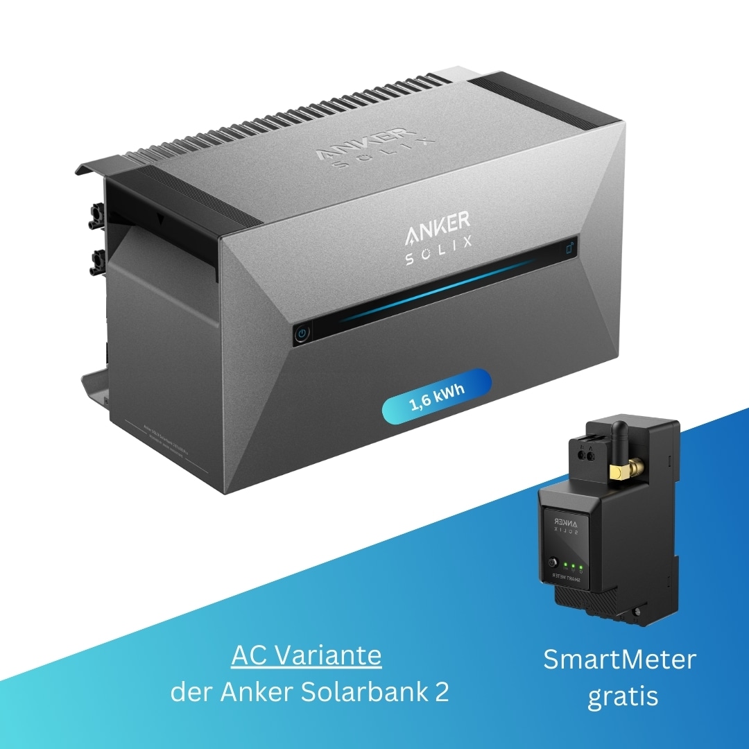 AC Variante Anker Solix Solarbank 2 AC – nachrüst Speicher für bestehende Balkonkraftwerke – 1,6 kWh – bis zu sechs Solarmodule – Echtzeitüberwachung per App - Steuerungseinheit integriert – gratis SmartMeter