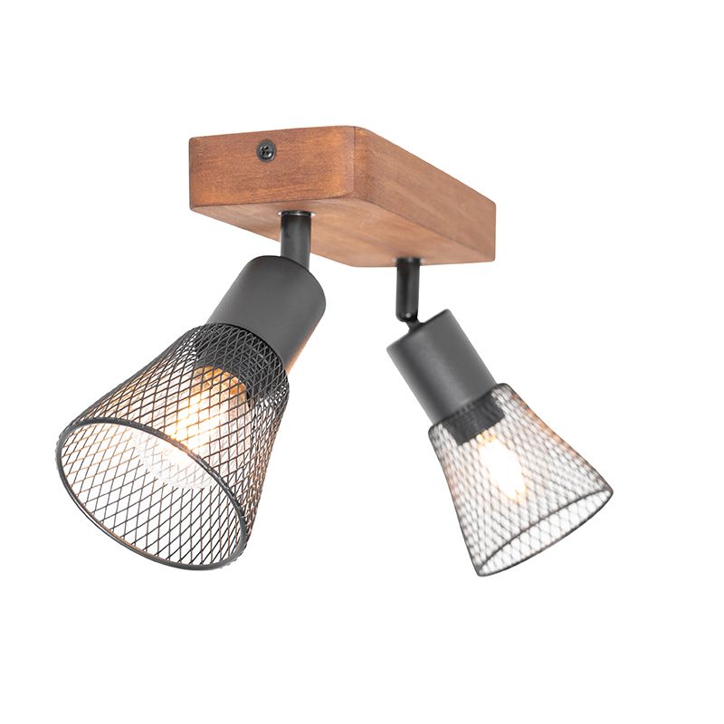 Industriële spot zwart met hout 2-lichts - Kristina