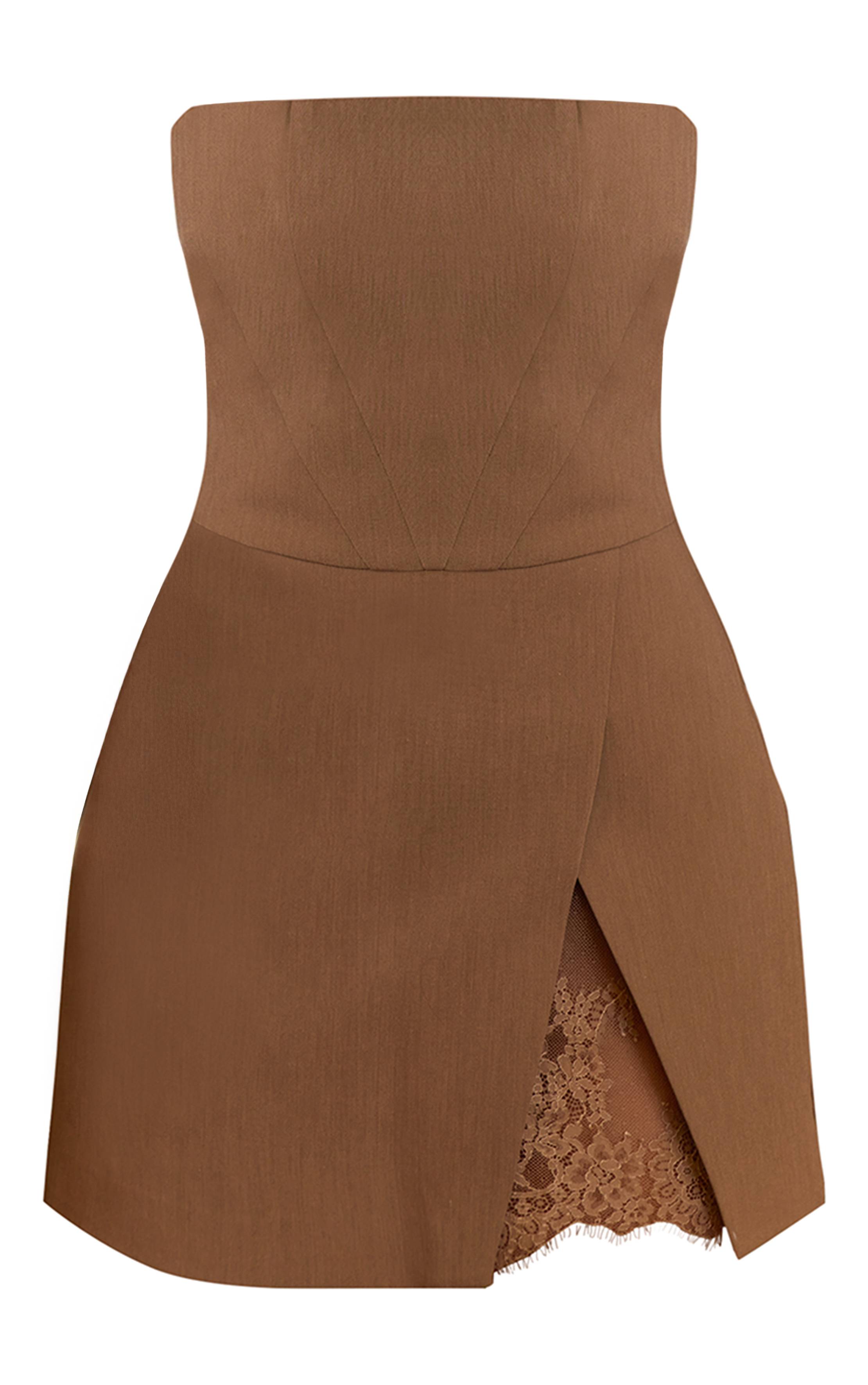 Taupe Robe Trapèze Bustier À Détails En Dentelle Tissée