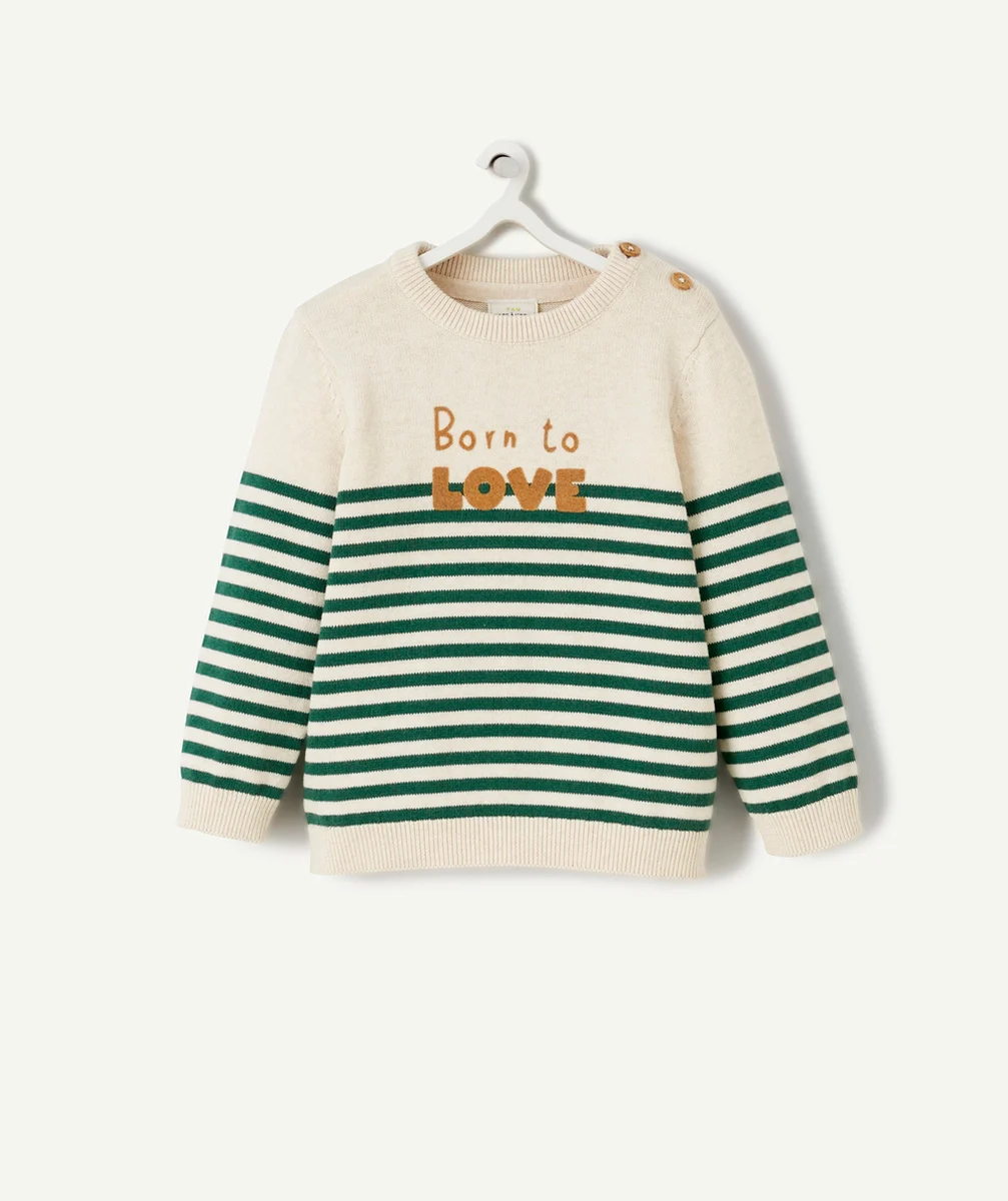 PULL EN TRICOT BÉBÉ GARÇON À RAYURES VERTES MESSAGE BORN TO LOVE
