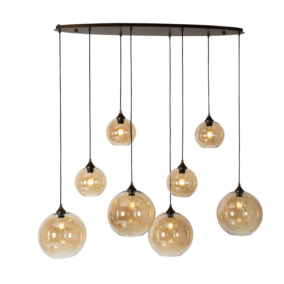 Smart hanglamp donkerbrons met amber glas ovaal 8-lichts incl. 8 Wifi G95 - Sandra