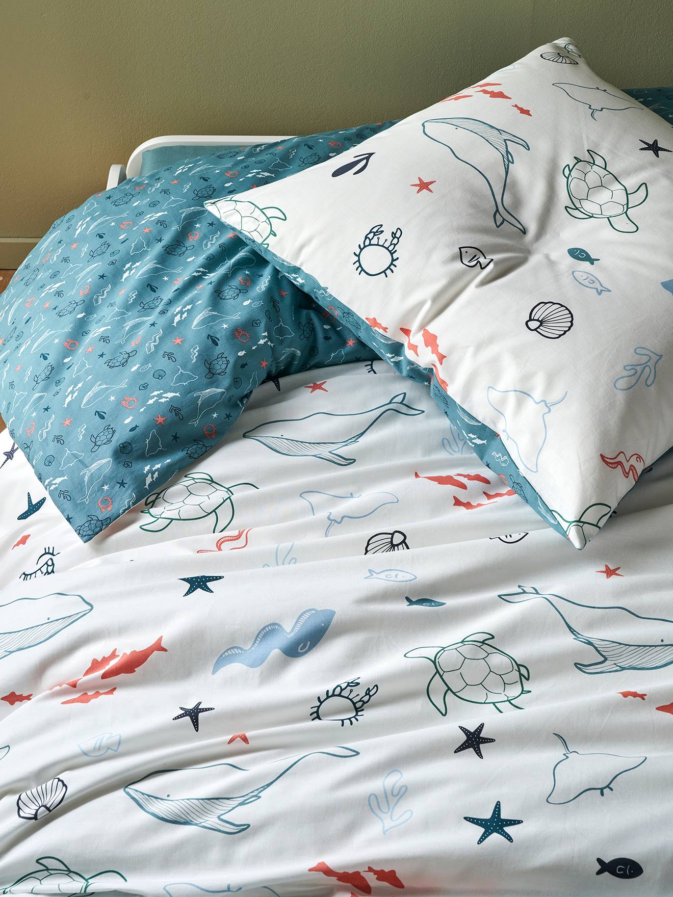 Conjunto infantil de capa de edredom e fronha, estampa Seascape, Basics azul médio
