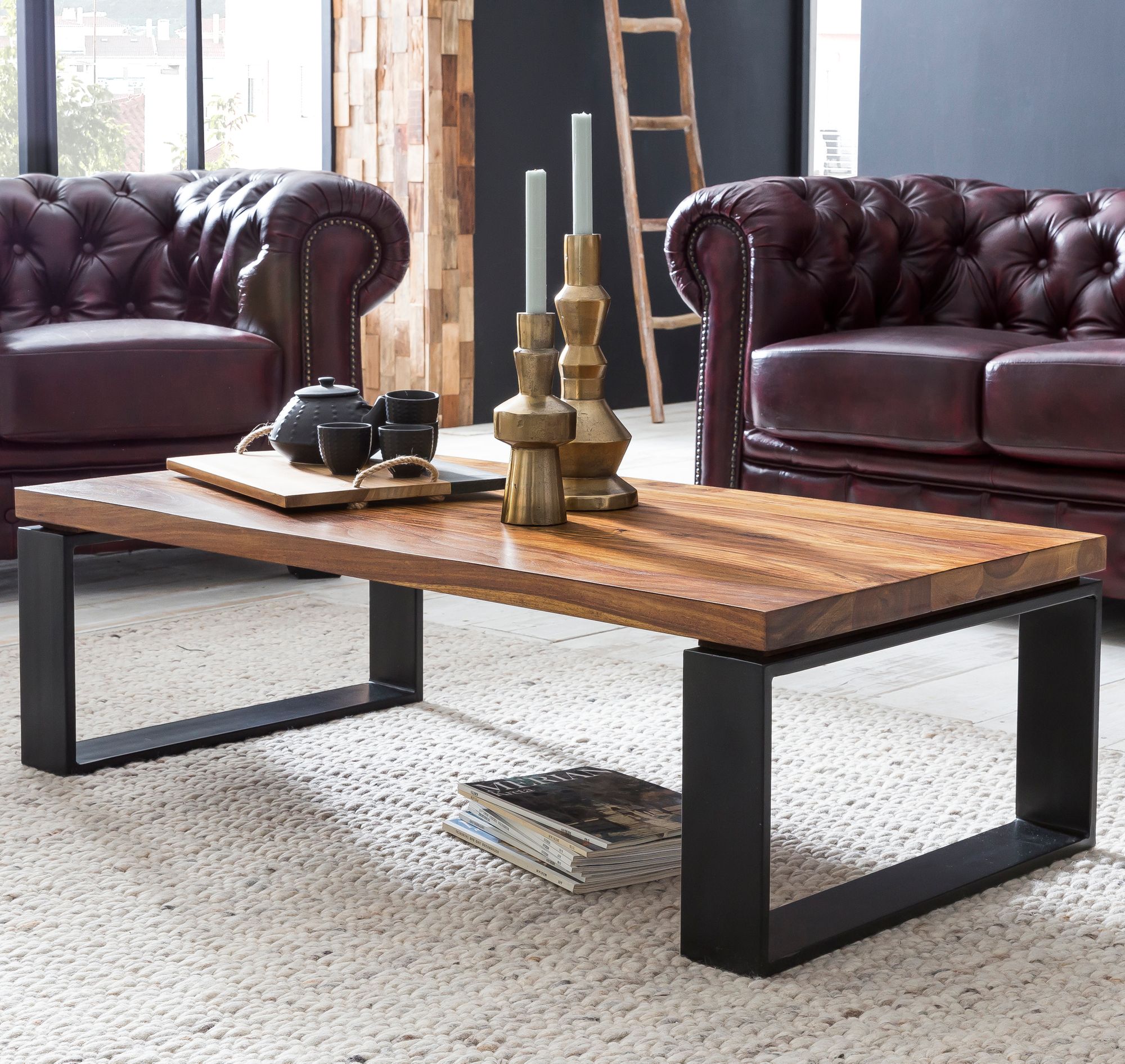 KADIMA DESIGN Industrial Couchtisch, Holz und Metall, 115x60 cm, Einzigartige Holzmaserung.