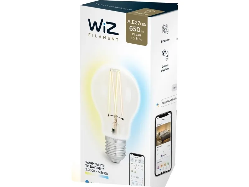 WiZ Wiz Smart Led Bulb White Clear A60 E27 Dimmable, 6.5w-60w Power
