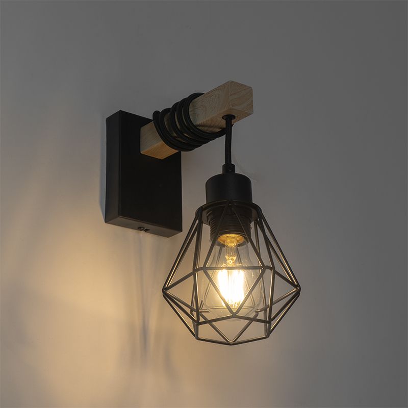Smart wandlamp zwart met hout incl. Wifi A60 - Chon