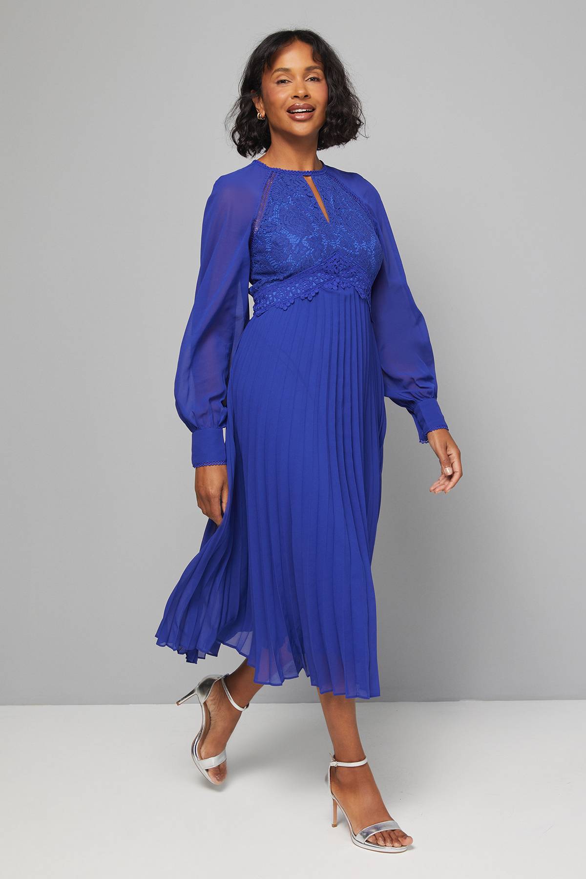 Wallis Robe Midi Plissée à Insertion Dentelle de Cérémonie