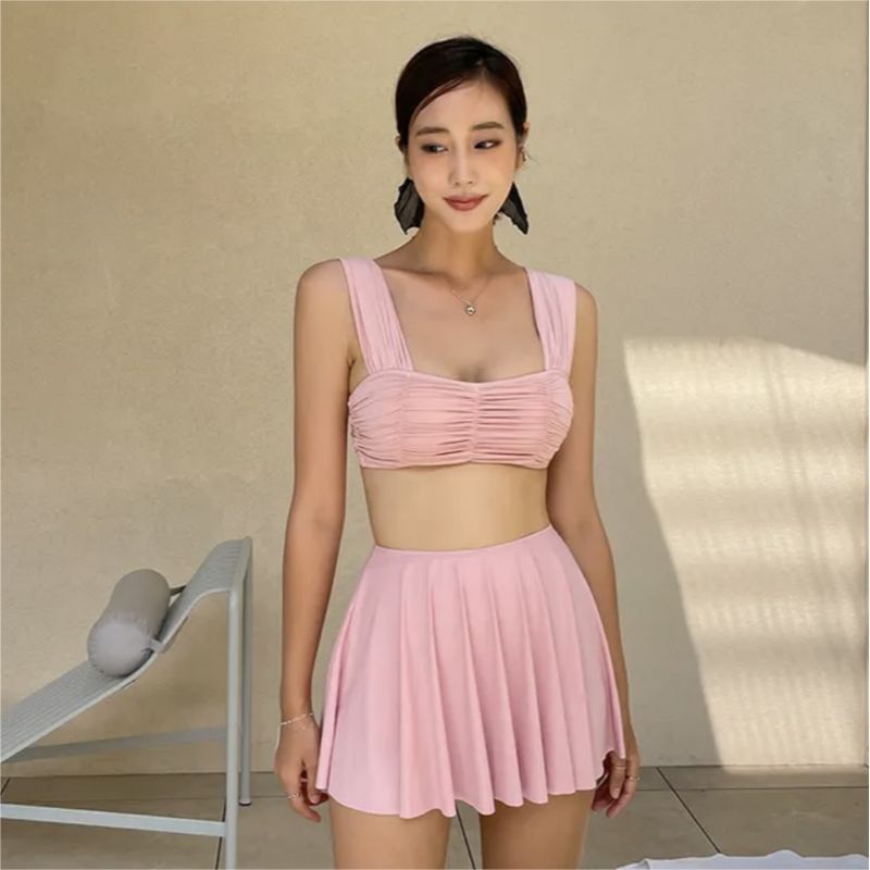 MALILA - Set: Effen geplooide crop tankinitop + broekje + zwemrok