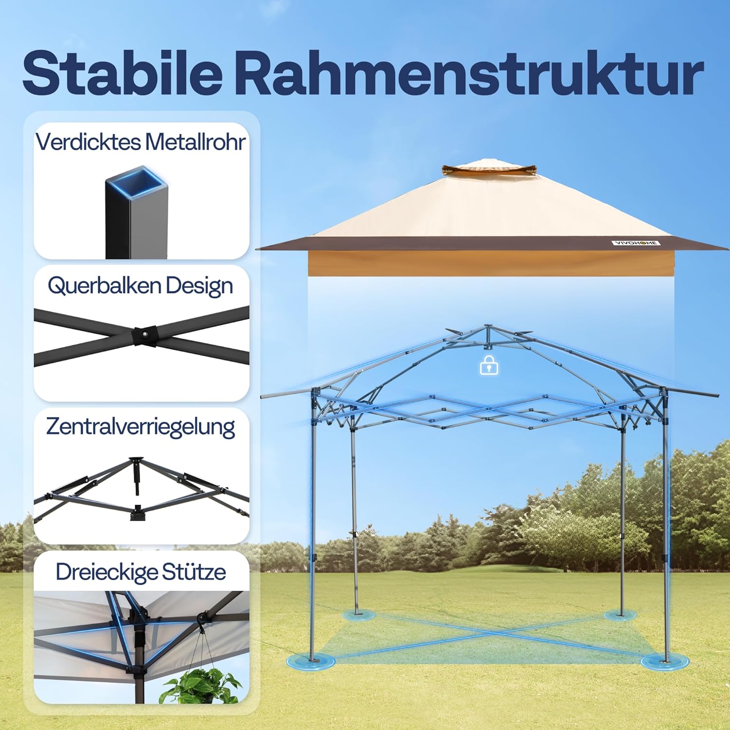 VIVOHOME Pavillon 4x4m Doppelschichtdach mit Rolltasche und 4 Sandsäcken 2 Ebenen tragbares Zelt für Terrasse Garten Hinterhof