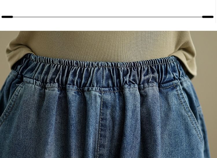 Lewwe - Elastische taille met visborduursel en gewassen cropped baggy jeans