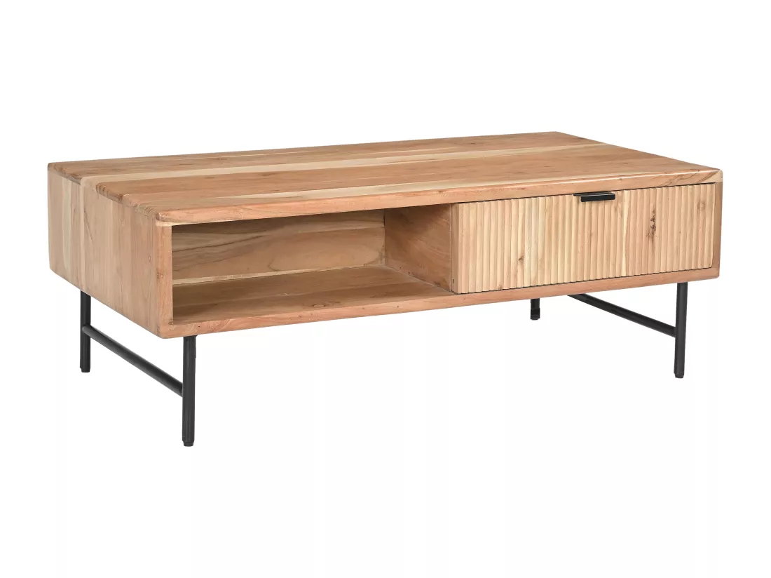 Table basse avec 2 tiroirs et 2 niches en bois d'acacia et métal noir - Naturel clair - ALEVIA