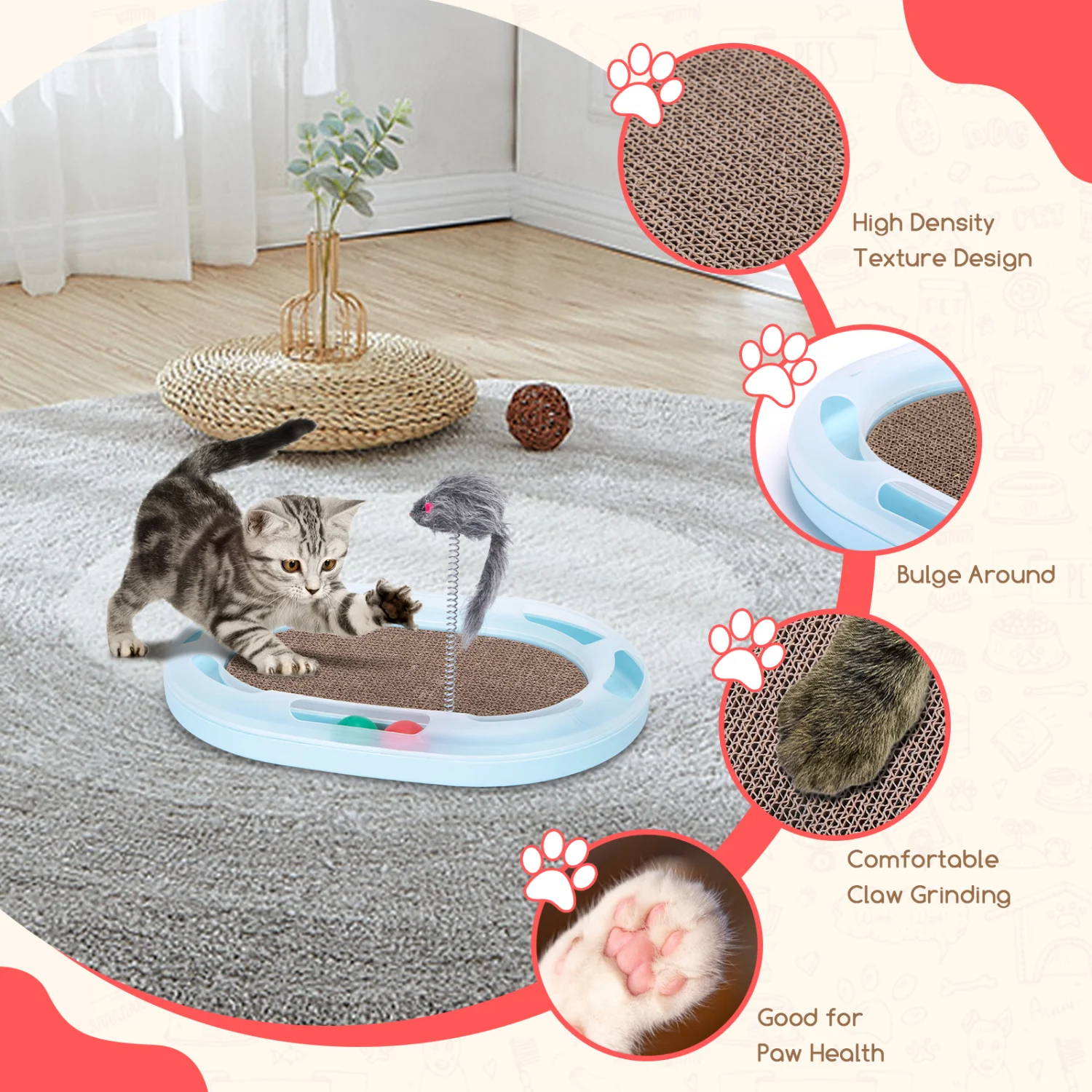 Nobleza - Arranhador multifuncional para gatos, brinquedo para arranhar com 2 bolas e 1 varinha com mola, arranhador de papelão 4 em 1 com catnip, 42 * 31 * 5,5 cm