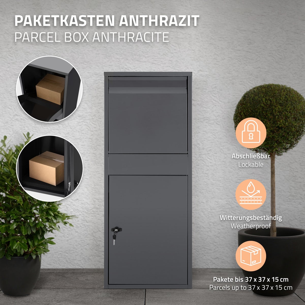 ML-Design pakketbrievenbus van gegalvaniseerd staal in antraciet, 41x103x38 cm, vrijstaand, afsluitbaar, 2 sleutels, vrijstaande brievenbus pakketbus brievenbus pakketbus voor pakketten, goederenzendingen & brieven