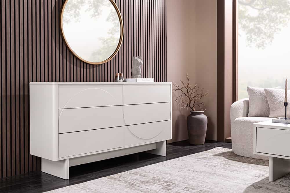 Design Sideboard SAVOY 150cm kaschmir weiß Marmor Keramik mit sechs Schubladen