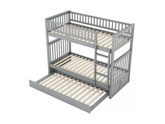 Lit superposé 2x90x200cm avec un lit gigogne 90x190cm - avec garde-corps et escalier - Gris