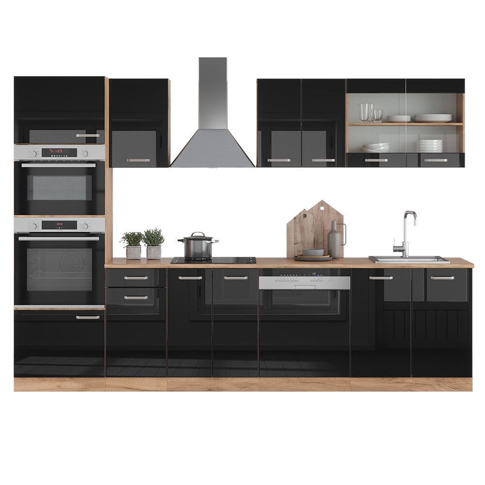 Vicco Küchenzeile R-Line Solid Eiche Schwarz 300 cm modern Küchenschränke Küchenmöbel
