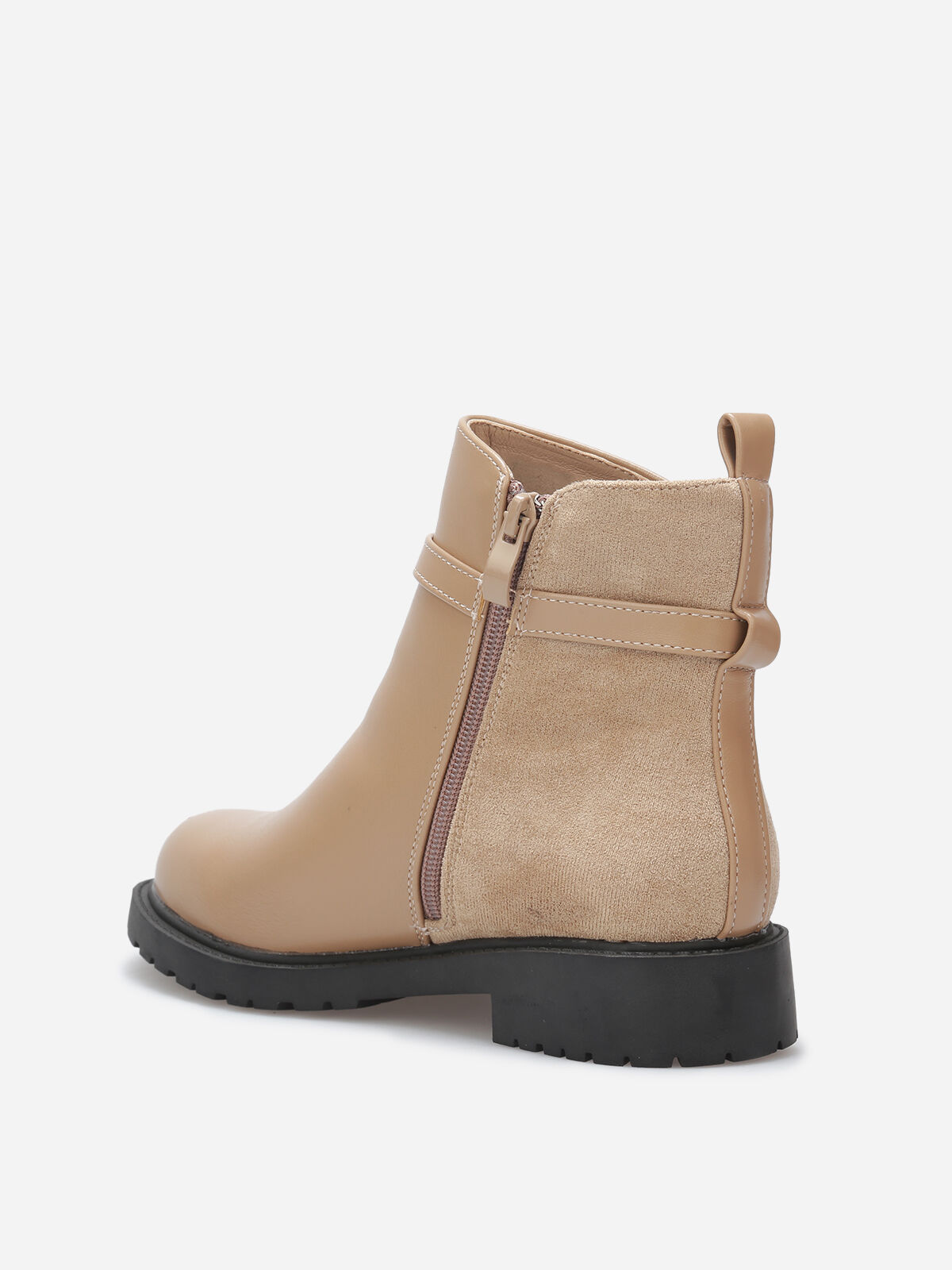 Bottines plates bi-matière à boucle dorée- Taupe
