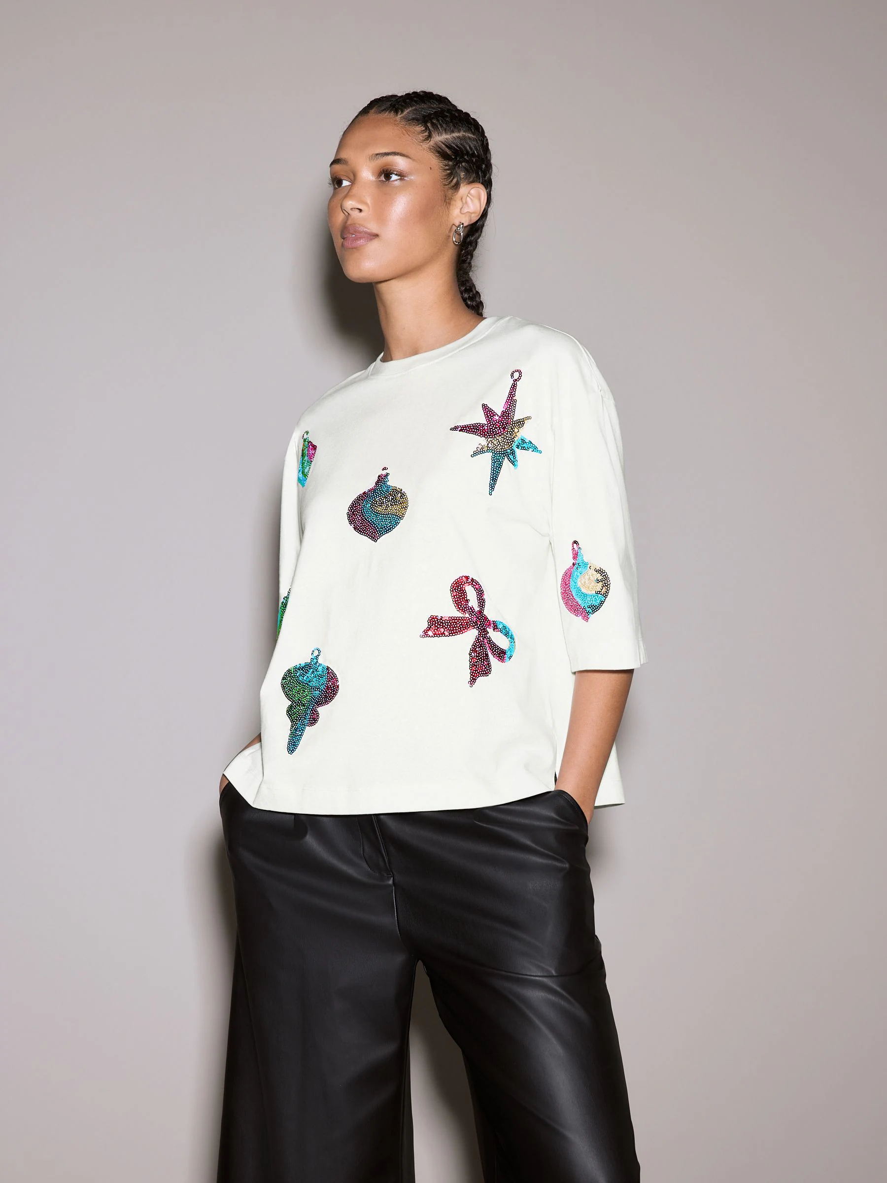 Ecru - Kerstmis T-shirt met feestelijke pailletten en Korte mouwen