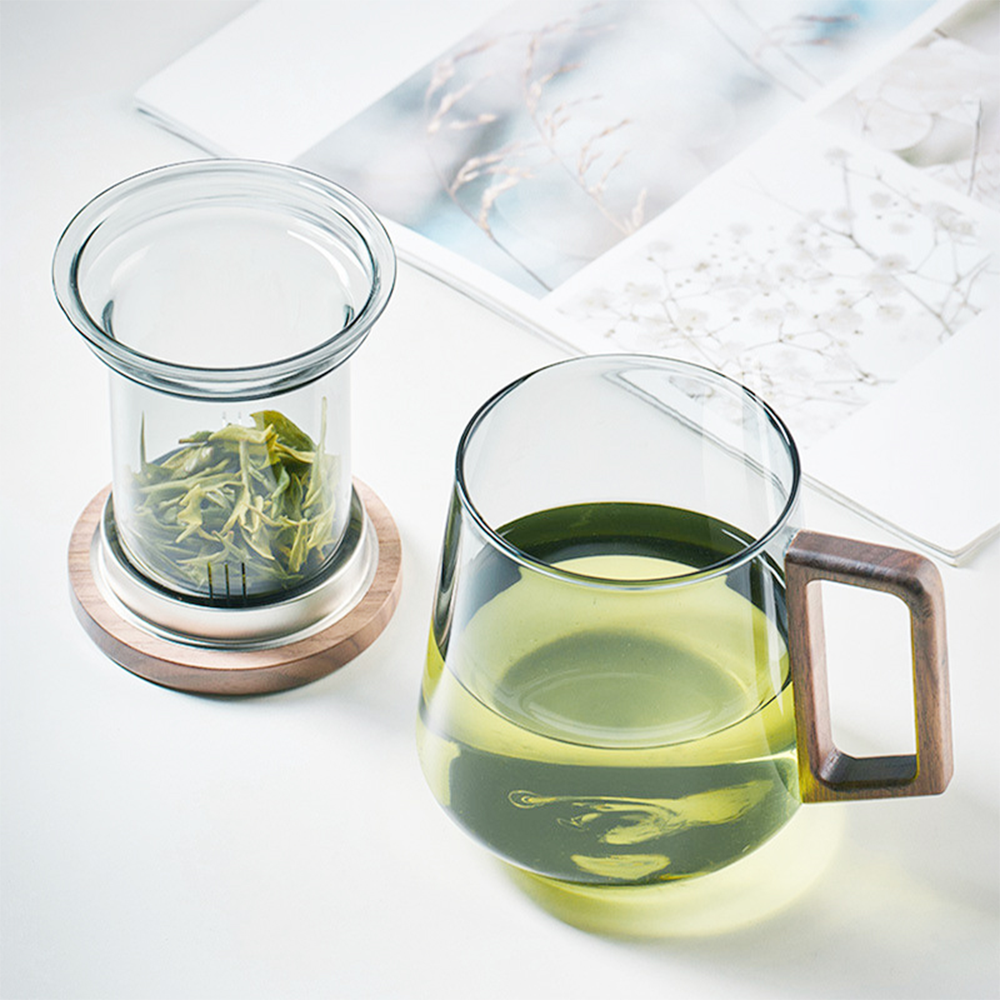 (500ml) Glas Tee Tasse Infuser Cup mit Holz Deckel   Filter Sieb für Losen Tee - Transparent / Braun