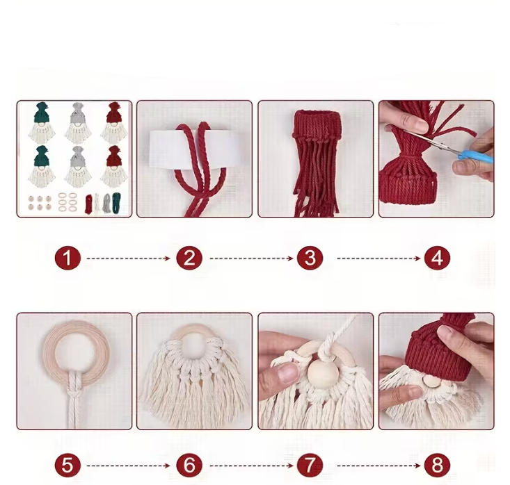 (16-tlg. Set) DIY Makramee Weihnachts Wichtel Anhänger Boho Deko Bastel Zubehör inkl. Holz Perlen - Grau / Grün / Rot