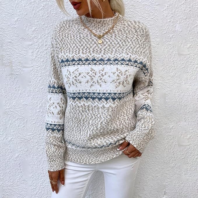 (Gr. L) Damen Strick Pullover Winter Rollkragen Weihnachts Sweater Schneeflocken - Beige / Blau