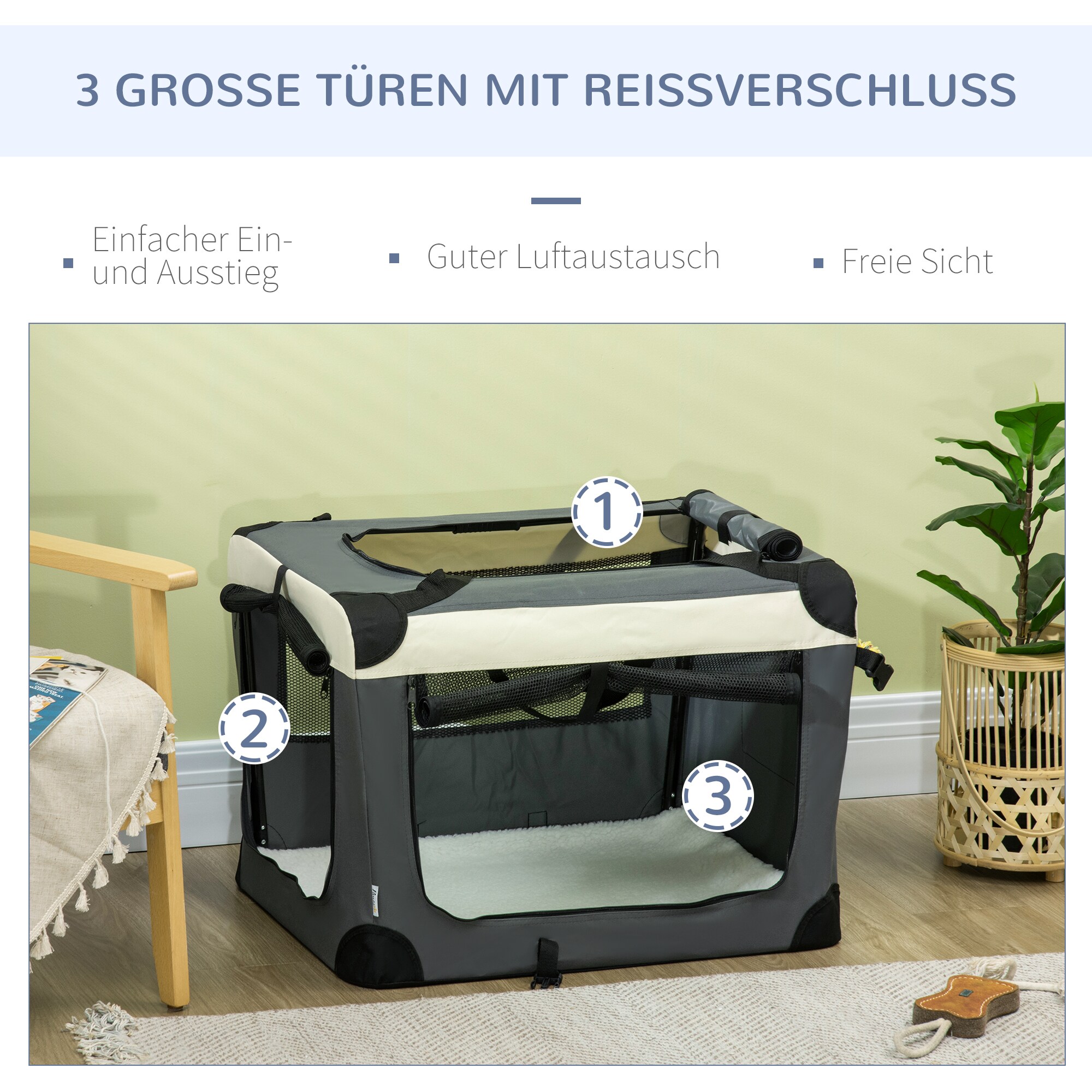 PawHut Tragetasche mit Kissen grau, schwarz 70L x 51B x 50H cm
