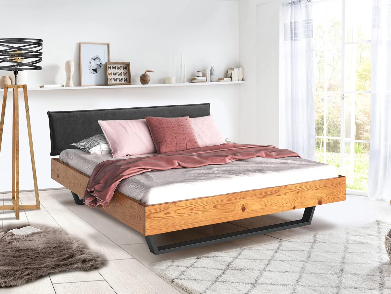 moebel-eins CURBY Kufenbett mit Polsterkopfteil, Material Massivholz, rustikale Altholzoptik, Fichte, Kufen schwarz