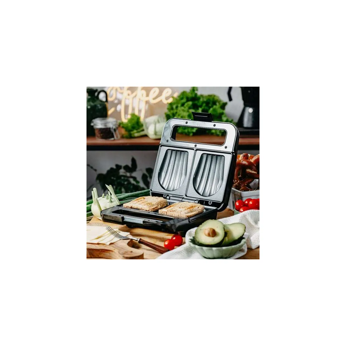 Sandwichgrill med skålformede non-stick-plater