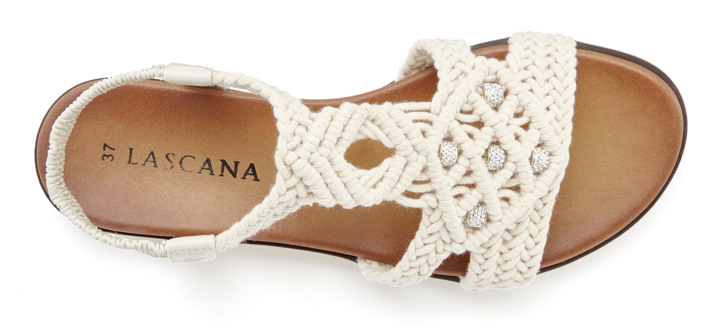 LASCANA Sandale »Sommerschuh, offener Schuh, Pantolette,«  in trendiger Häkeloptik, Glitzerdetails und elastischen Riemchen