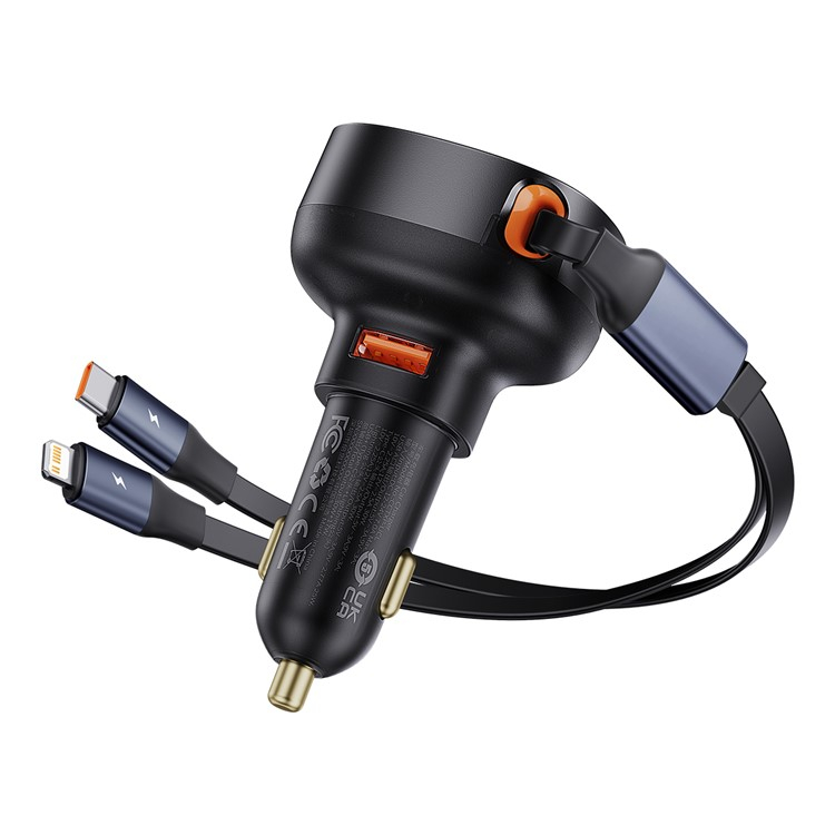 (60W) USB A Auto KFZ Ladegerät mit einziehbarem USB C / Lightning Kabel - Schwarz