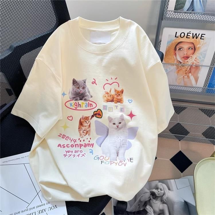 Bay Go Mall - T-shirt met korte mouwen, ronde hals en kattenprint