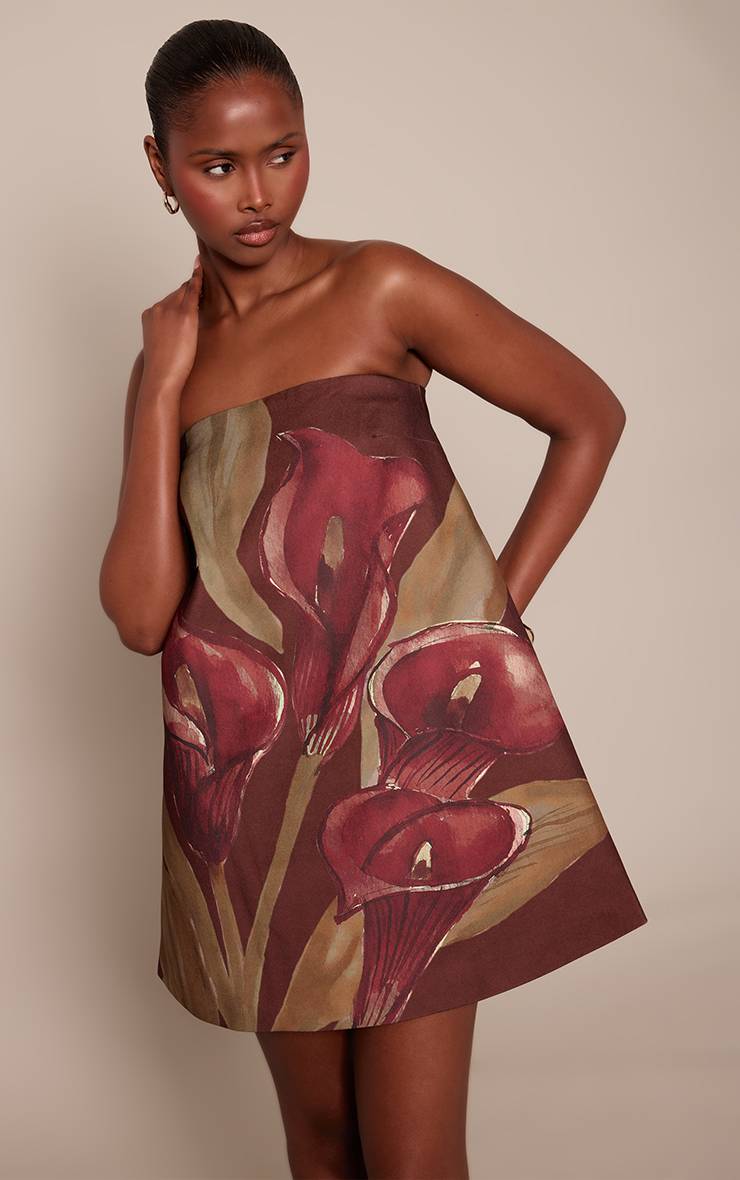Marron Robe Trapèze Bustier À Imprimé Floral Sombre