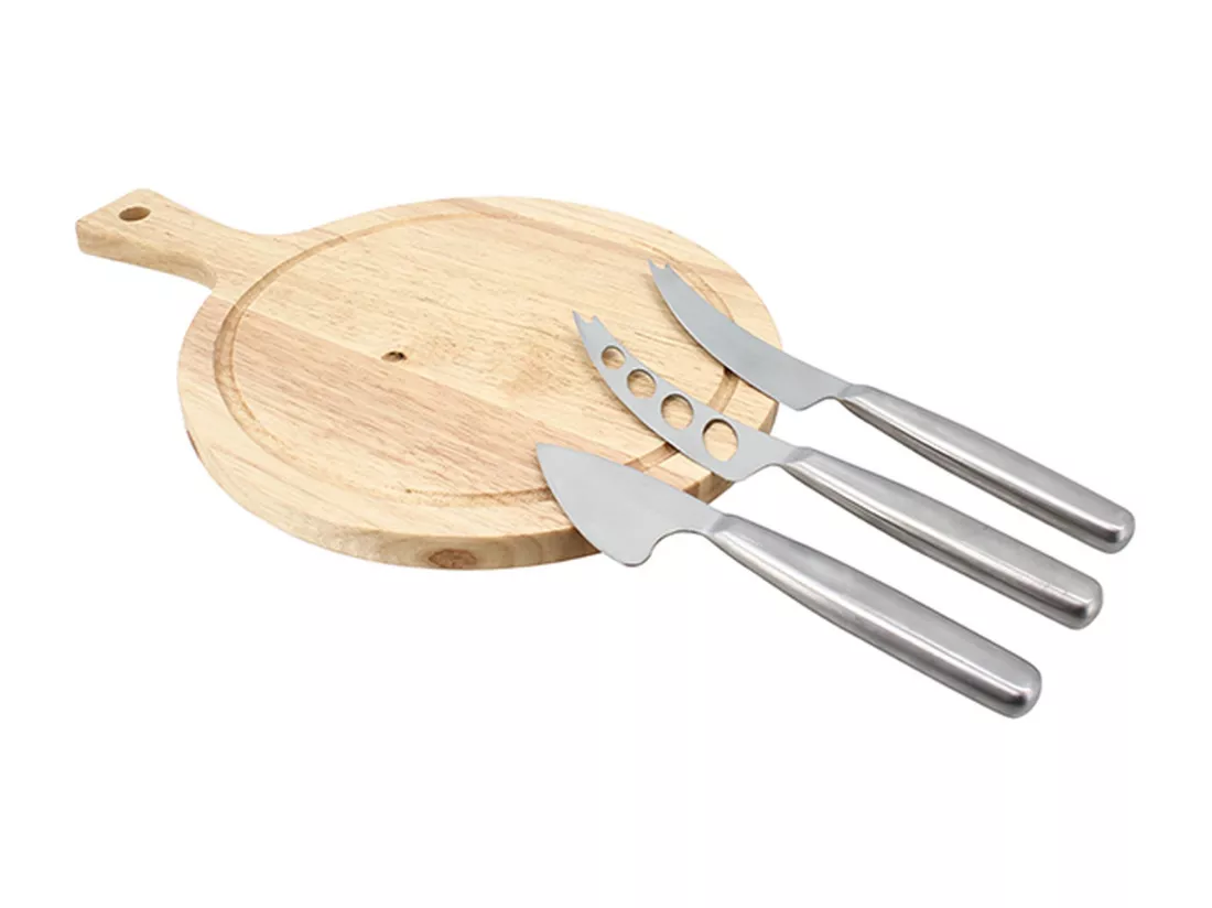 Menastyl - Planche A Decouper Ronde 24cm Acacia Avec 3 Couteaux A Fromage
