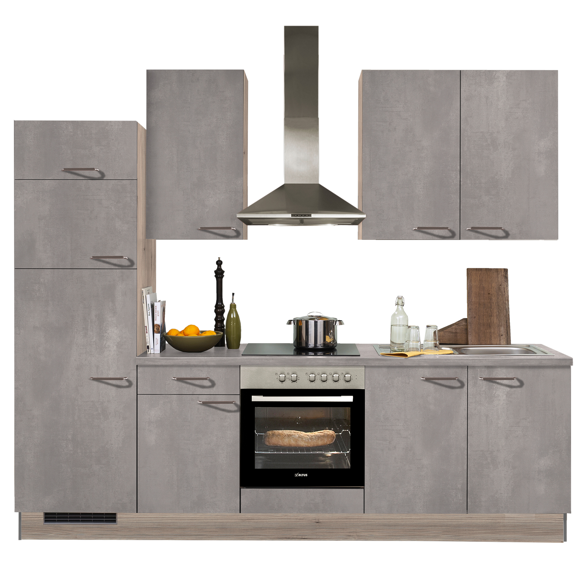 Küchenblock PN100 - Beton Perlgrau - Tanne Clay - mit E-Geräten - Kühlschrank links - 270 cm