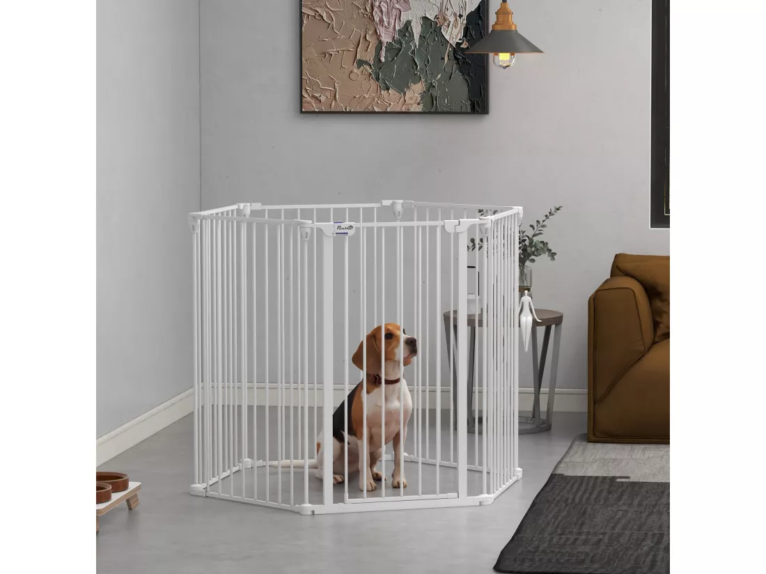 Barrière de sécurité parc enclos chien modulable pliable porte verrouillable intégrée 6 panneaux acier PP blanc