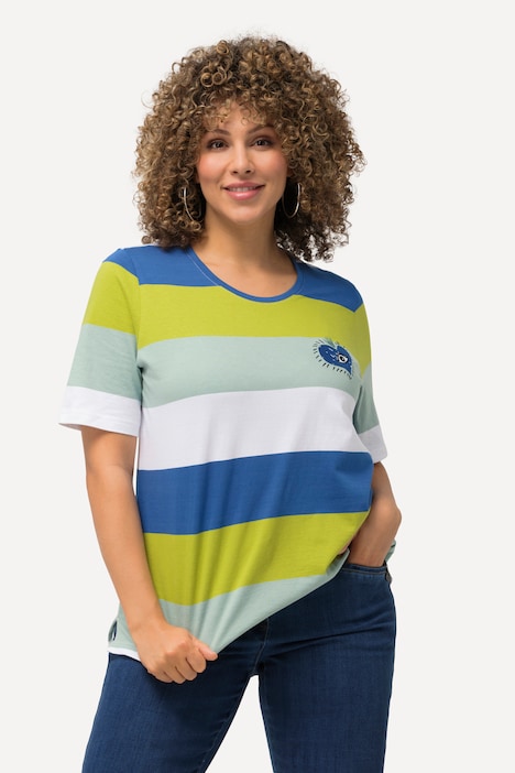 T-Shirt, Ringel, Stickerei, Rundhals, Halbarm
