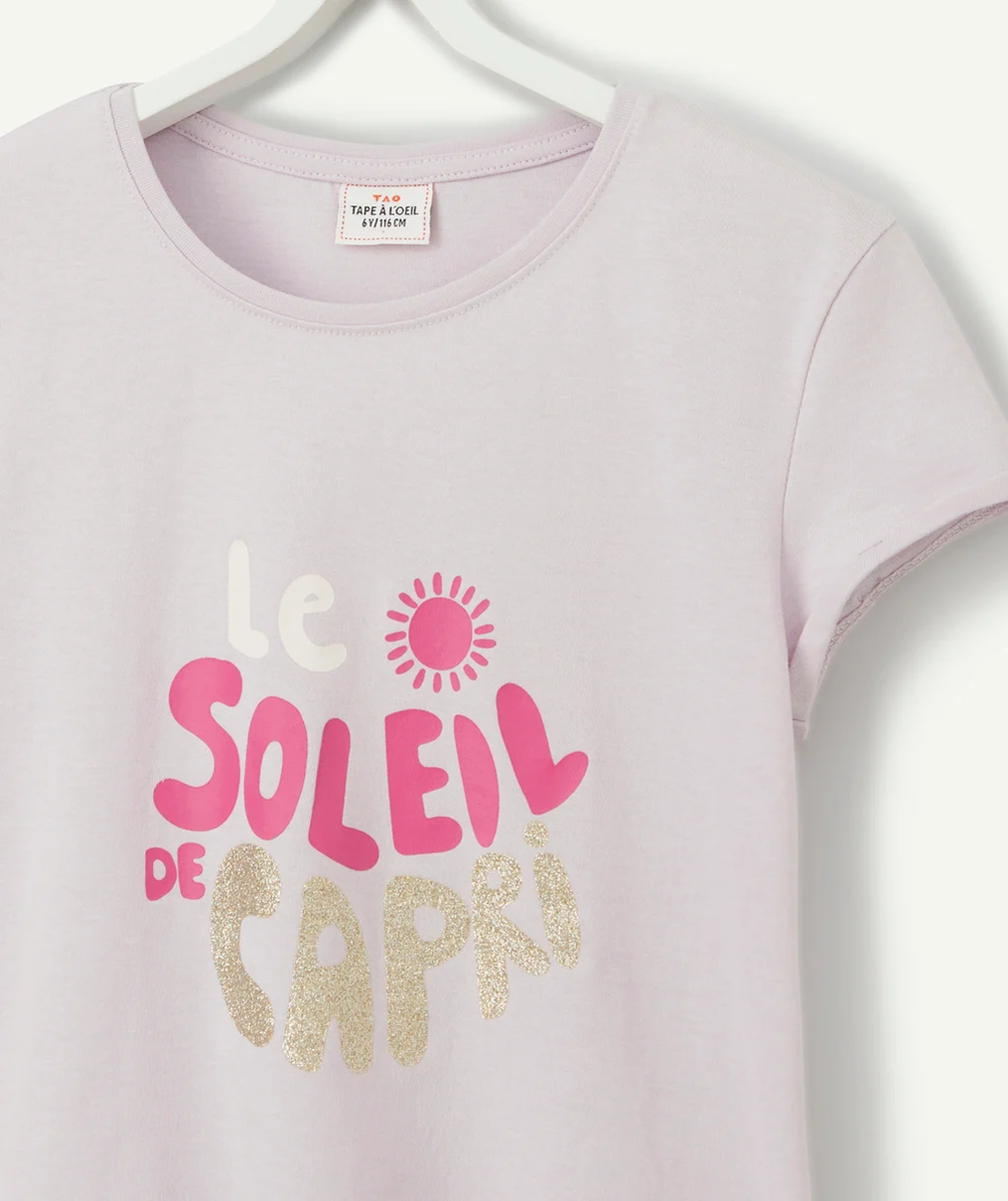 T-SHIRT FILLE EN FIBRES RECYCLÉES PARME AVEC MESSAGE ROSE