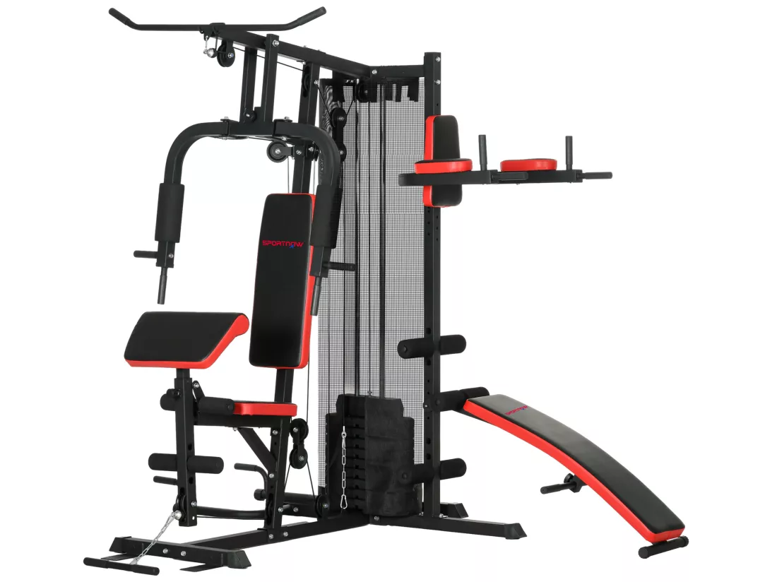 Station de musculation - banc, développé couché, butterfly, barre latissimus et traction, curler, bande résistance, 10 contrepoids - acier noir rouge