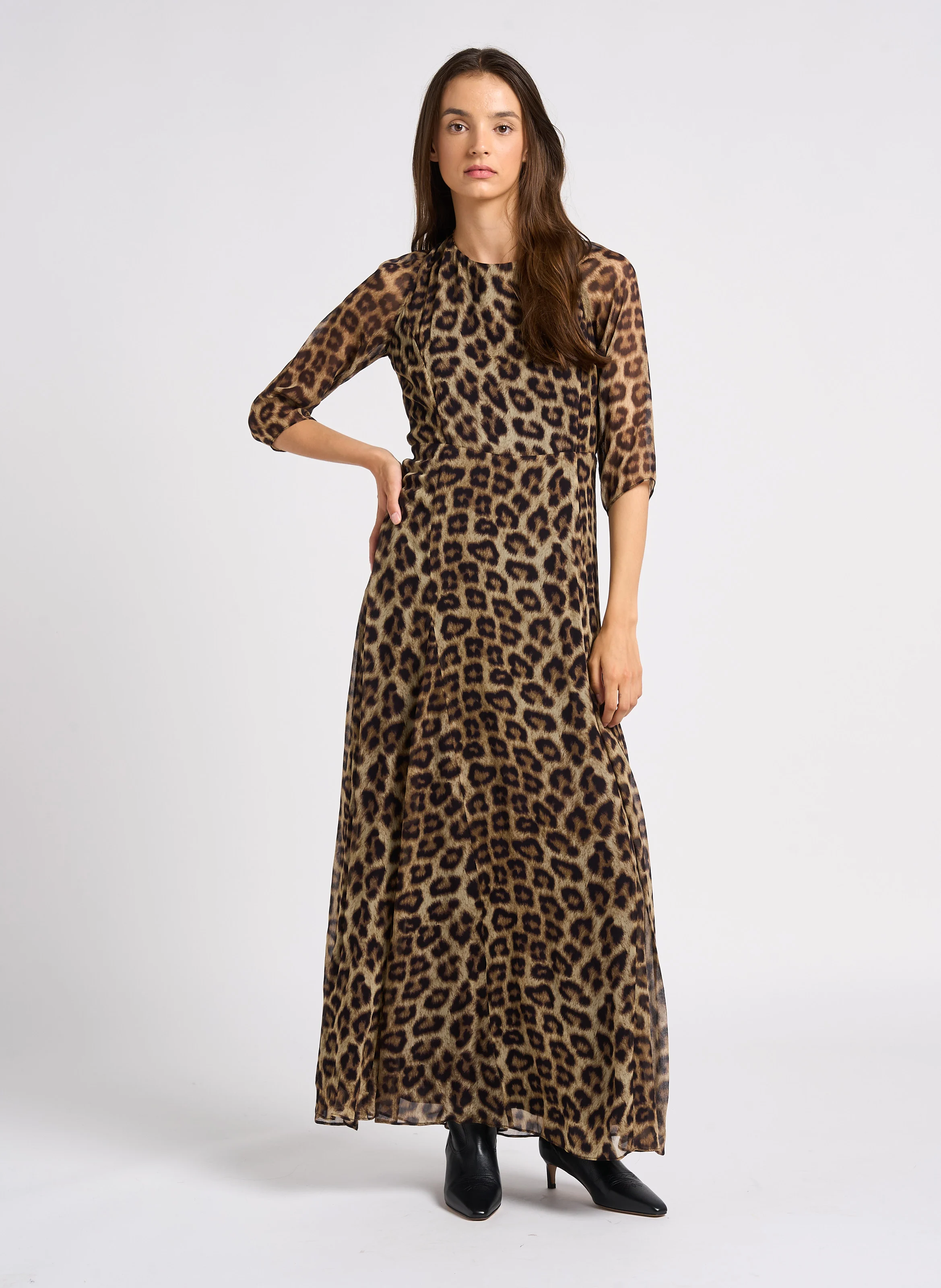 FANICA - Robe longue col rond imprimée | Beige