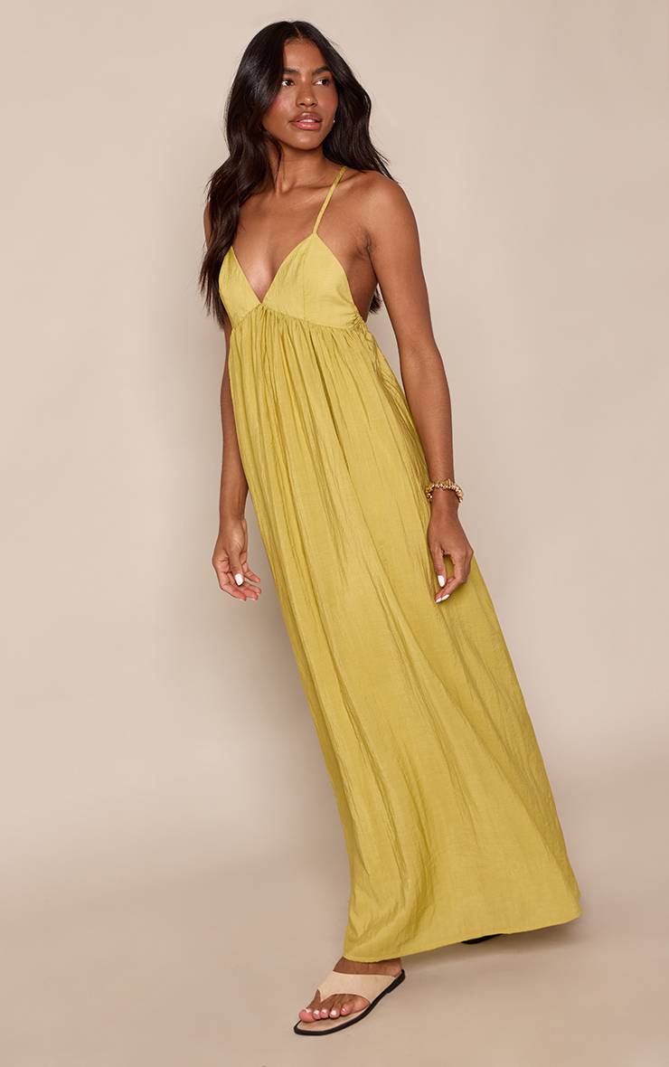 Chartreuse Robe Maxi Fluide Tissée Dos Nu Avec Détail De Finition